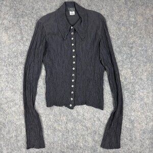 Vintage Y2K Ghost Crinkle Blouse Gray Size M Victorian Long Sleeve Button Up